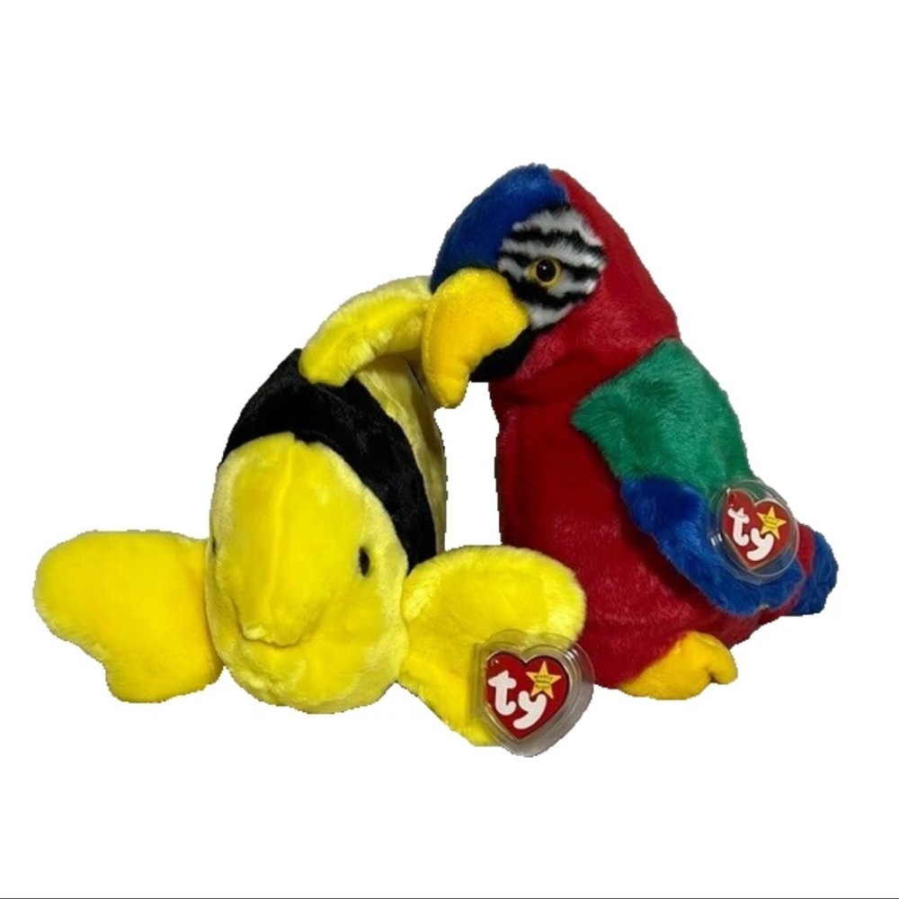 NWT Bundle Set  2 ty 11in Soft Beanie Babies Jabber the Parrot/Bubbles the Fish